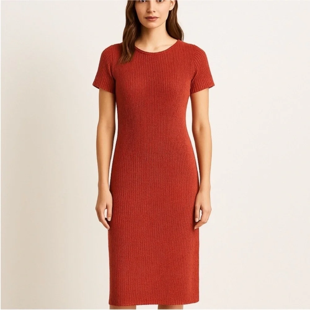 zara orange ribbed dress Zara Womens Burnt Orange Textured Ribbed Dress Puff Sleeve Medium
